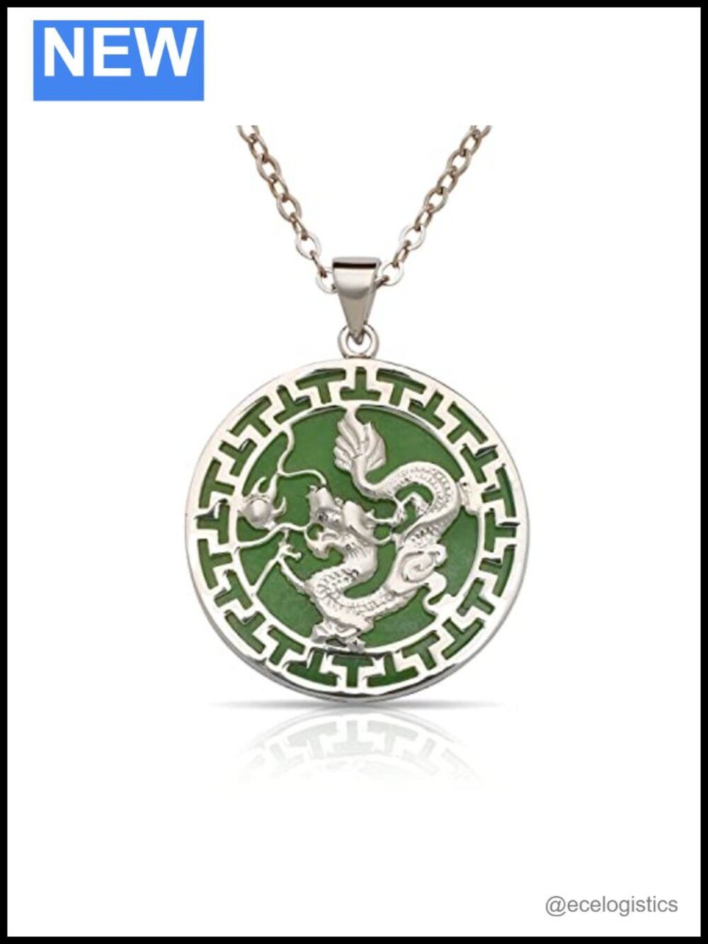 Solid Sterling Silver Green Jade Dragon Necklace 25mm Medallion